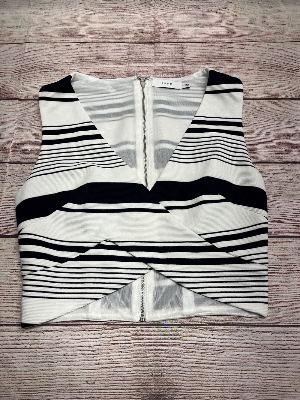 Lush Black and White Striped Cropped V-Neck Tank